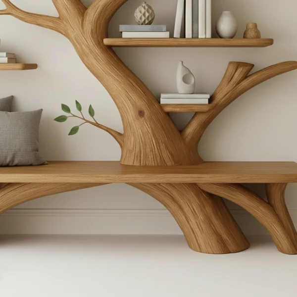 Handcrafted Tree Bookshelf & Bench Set