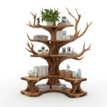 Tree Branch Bookshelf with L-Shaped Bench - Handcrafted Solid Wood Storage & Seating Combo