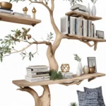 Tree-Shaped Wooden Bookshelf – Handmade Solid Wood Shelf For Interior Decoration