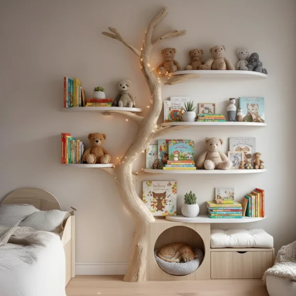 Wood Tree Tower - Handcrafted Tree Bookshelf with Built-In Cat House