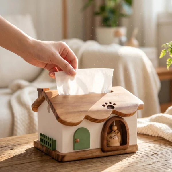 The Whimsical Cat Cottage – Handcrafted Solid Wood Kawaii Tissue Gallery